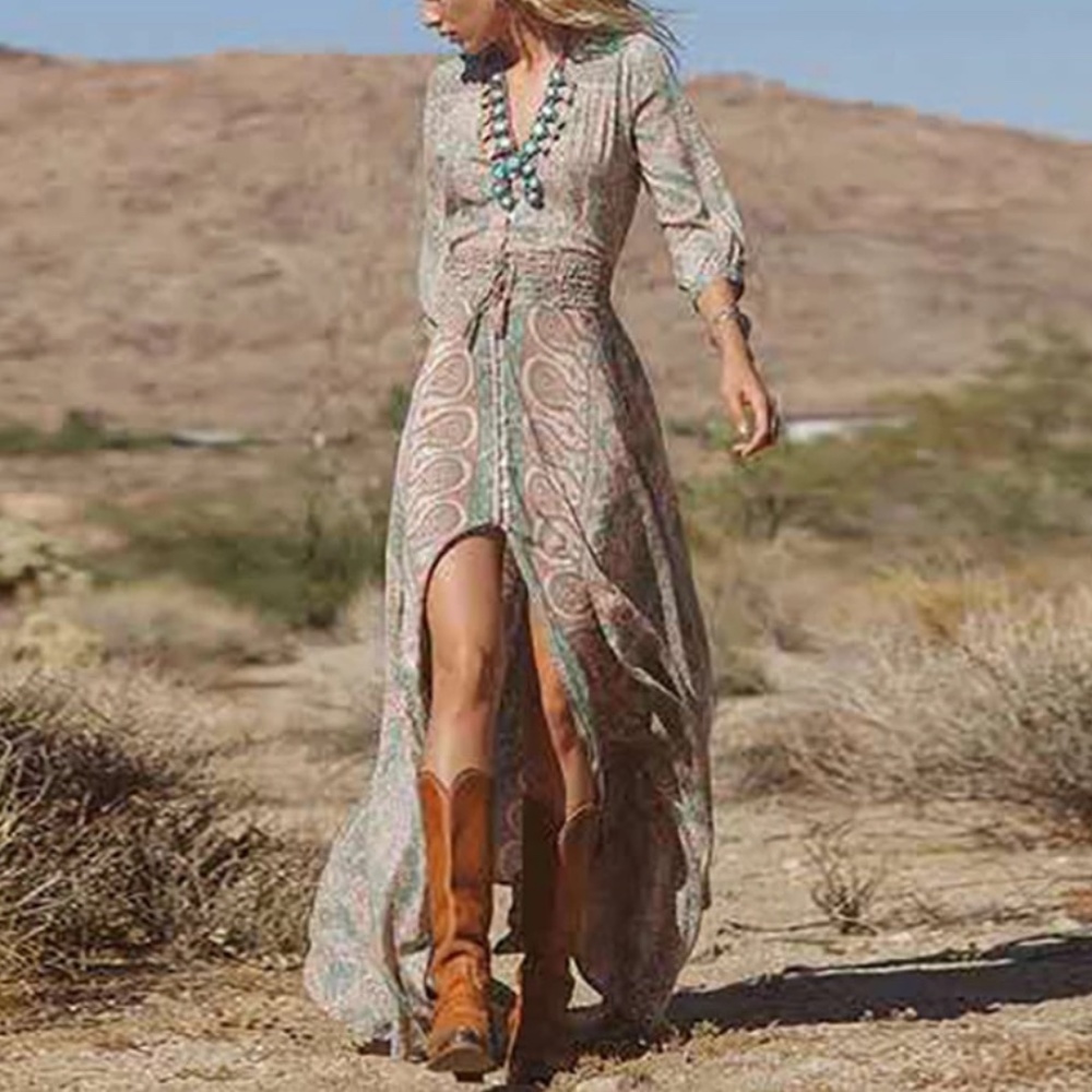 Boho Floral Print paisley Print Button Maxi Dress - Picture 1 of 6